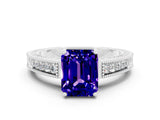 White gold Emerald Cut Tanzanite Engagement Ring with Milgrain Channel Set Band and Prong Setting