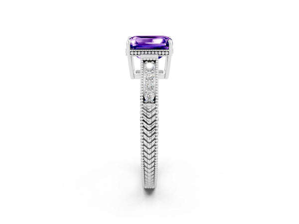 White gold Emerald Cut Tanzanite Engagement Ring with Milgrain Channel Set Band and Prong Setting