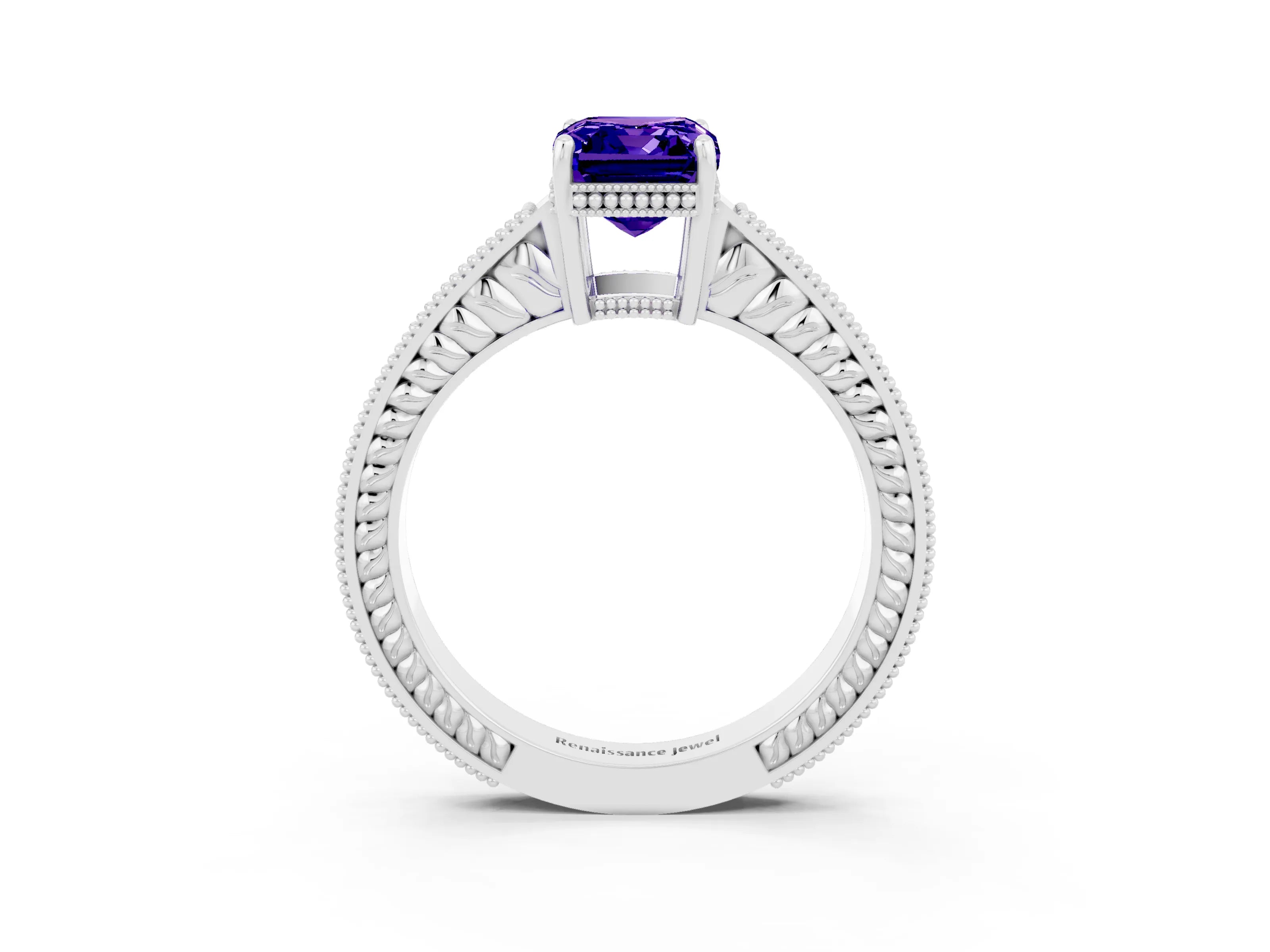 White gold Emerald Cut Tanzanite Engagement Ring with Milgrain Channel Set Band and Prong Setting_3