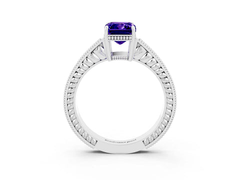 White gold Emerald Cut Tanzanite Engagement Ring with Milgrain Channel Set Band and Prong Setting_3