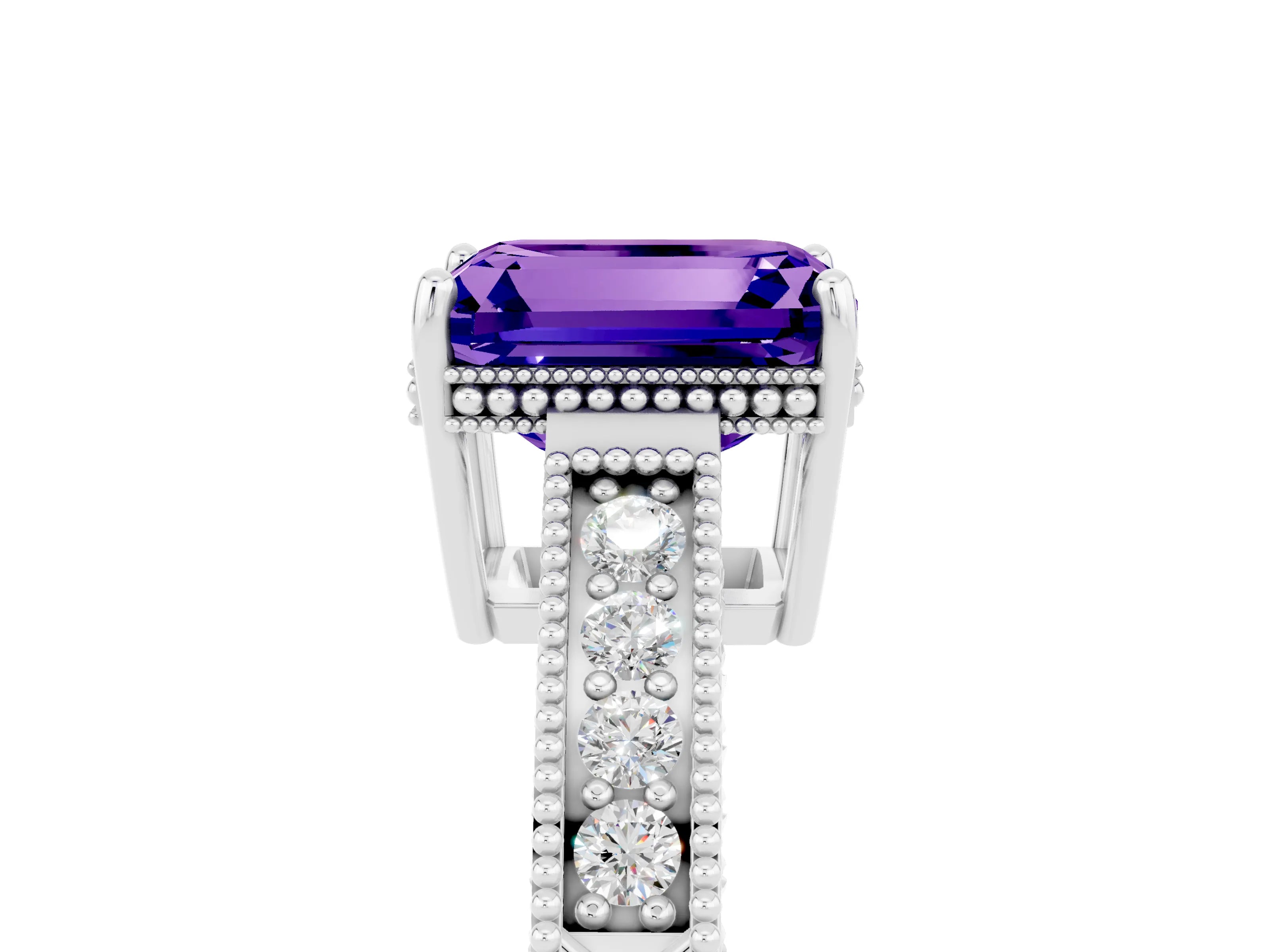 White gold Emerald Cut Tanzanite Engagement Ring with Milgrain Channel Set Band and Prong Setting_5