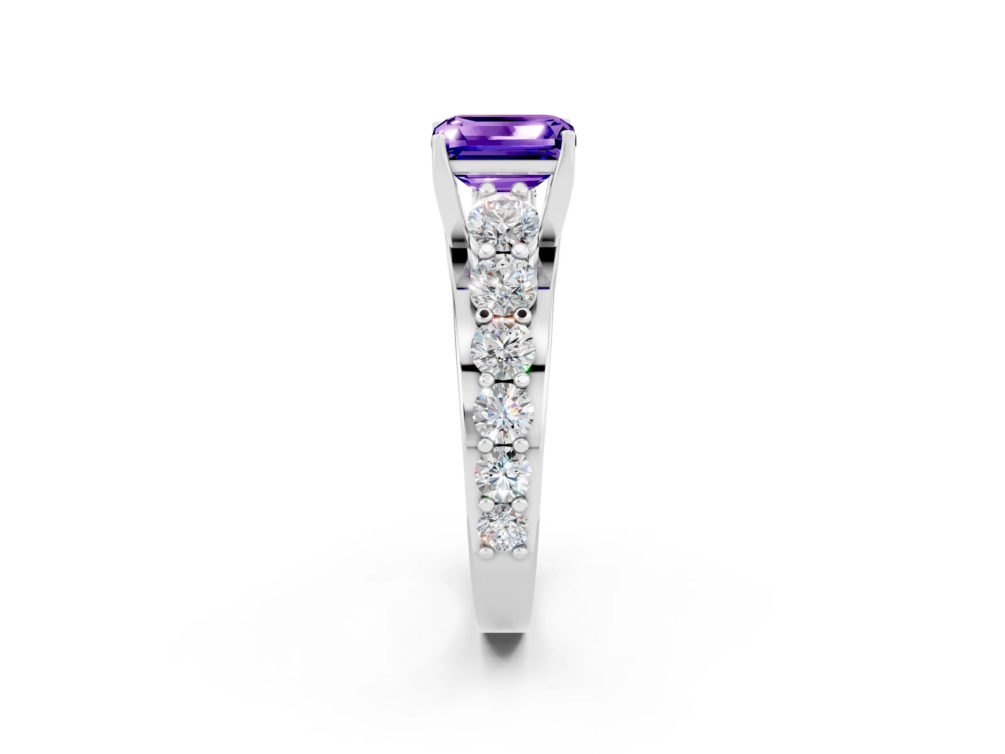 White gold Emerald Cut Tanzanite Engagement Ring with Pavé Band and Four-Prong Setting_2