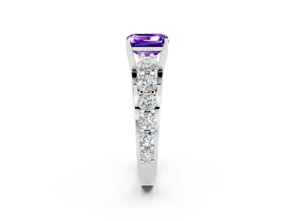 White gold Emerald Cut Tanzanite Engagement Ring with Pavé Band and Four-Prong Setting