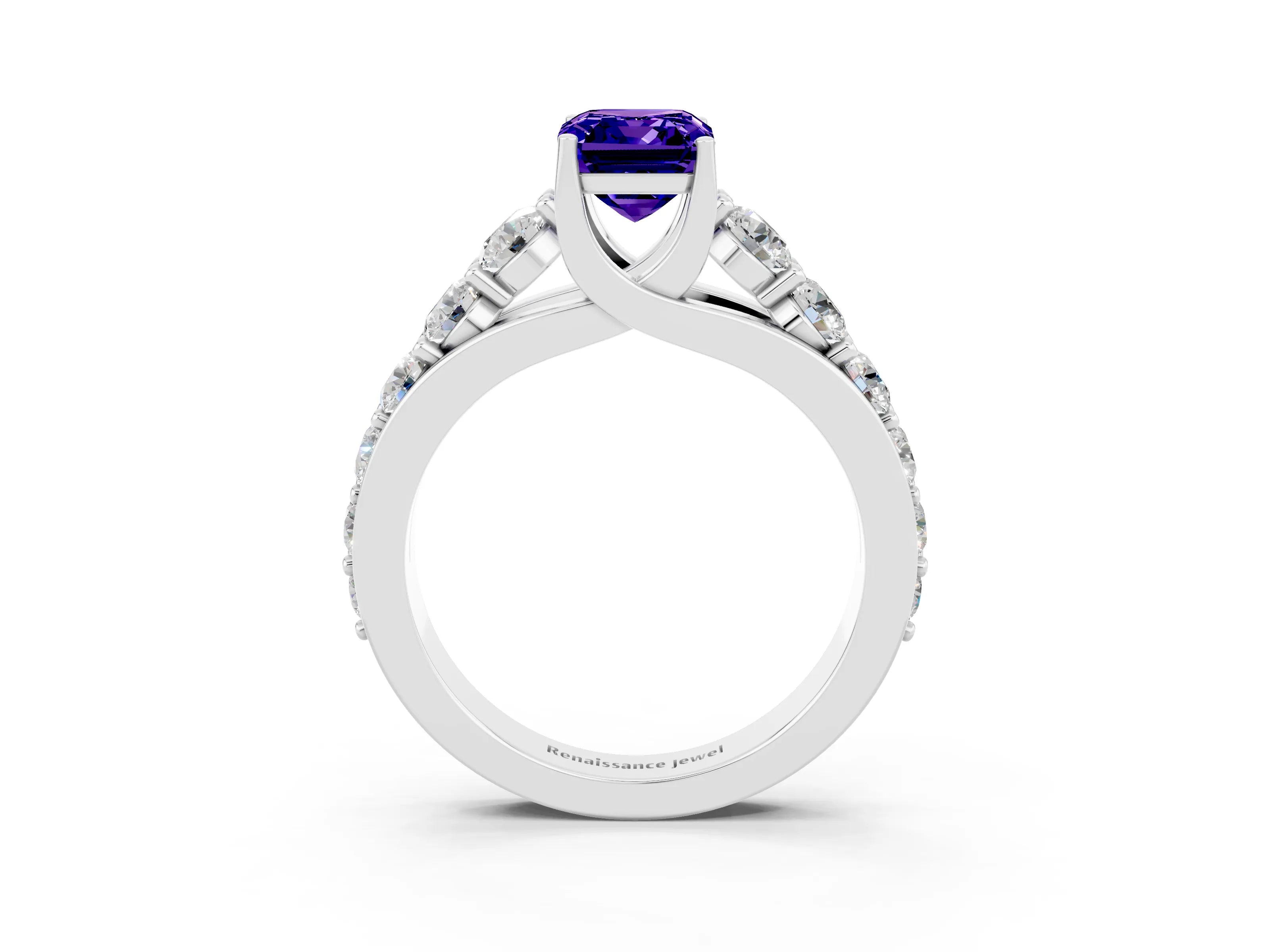 White gold Emerald Cut Tanzanite Engagement Ring with Pavé Band and Four-Prong Setting_3