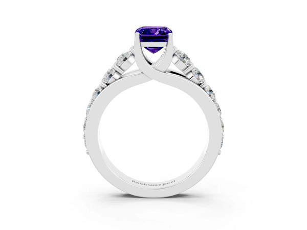 Silver Emerald Cut Tanzanite Engagement Ring with Pavé Band and Four-Prong Setting