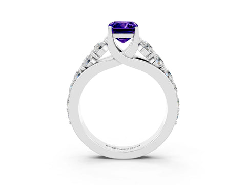 White gold Emerald Cut Tanzanite Engagement Ring with Pavé Band and Four-Prong Setting_3