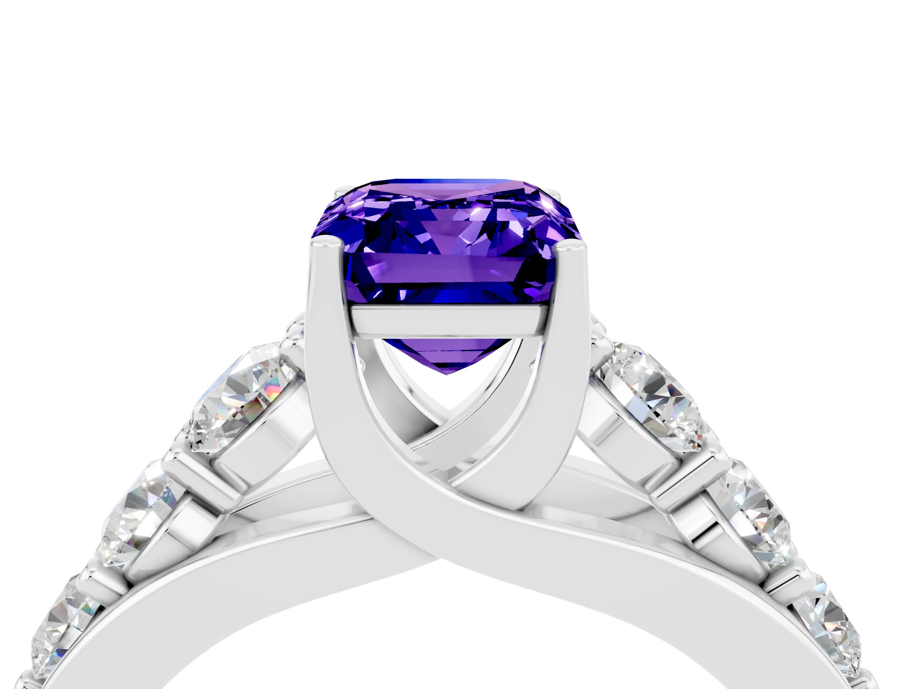 White gold Emerald Cut Tanzanite Engagement Ring with Pavé Band and Four-Prong Setting_4