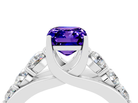 White gold Emerald Cut Tanzanite Engagement Ring with Pavé Band and Four-Prong Setting_4