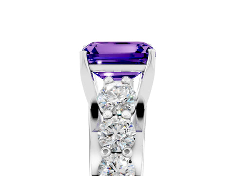 White gold Emerald Cut Tanzanite Engagement Ring with Pavé Band and Four-Prong Setting_5