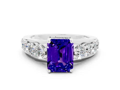 White gold Emerald Cut Tanzanite Engagement Ring with Pavé Band and Four-Prong Setting