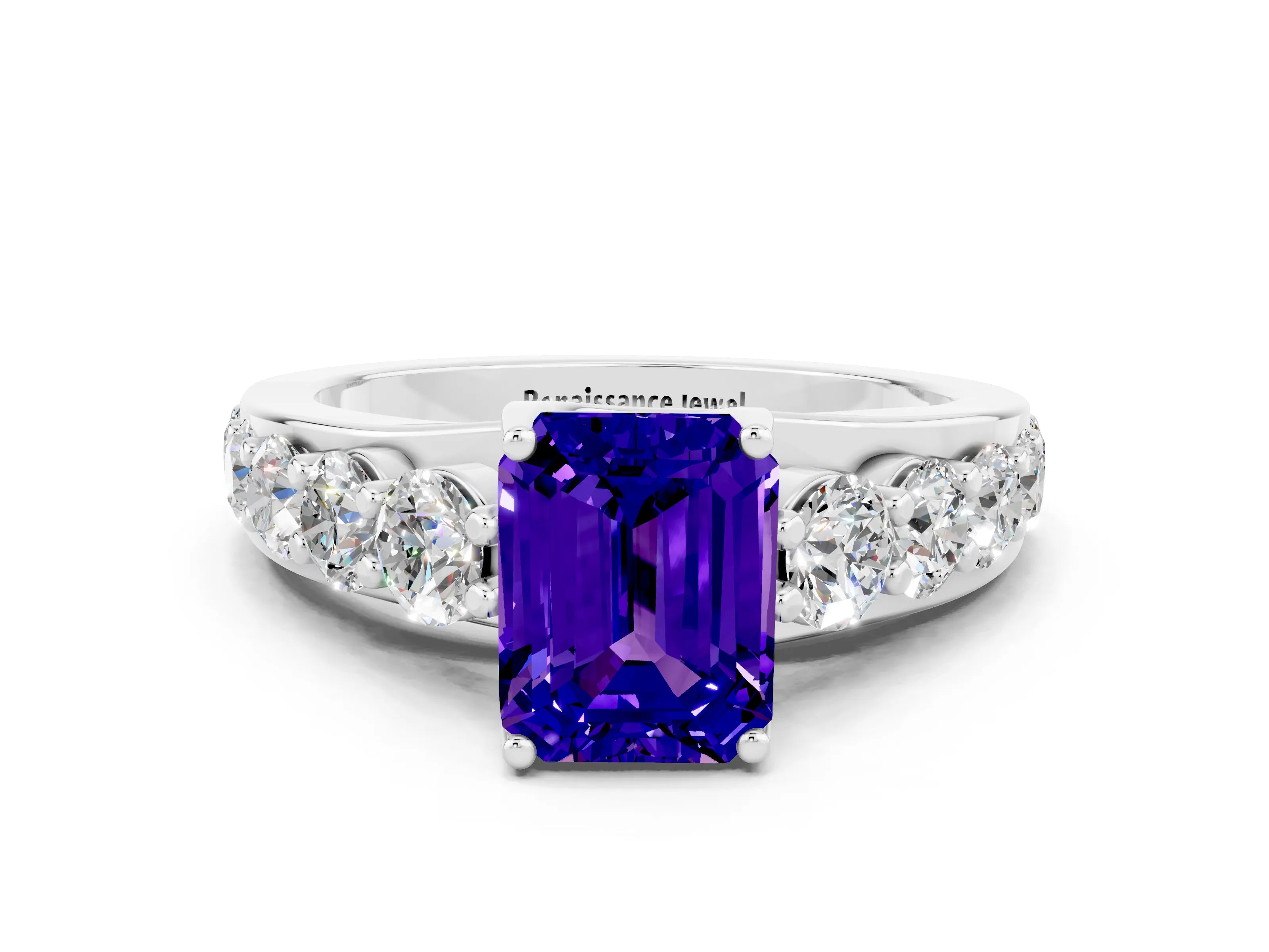 White gold Emerald Cut Tanzanite Engagement Ring with Pavé Band and Four-Prong Setting