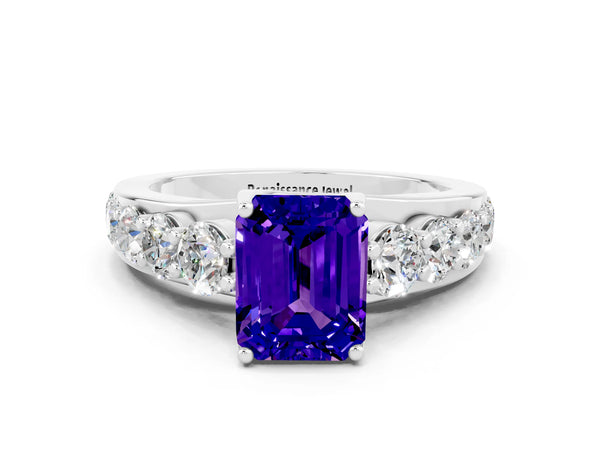 Silver Emerald Cut Tanzanite Engagement Ring with Pavé Band and Four-Prong Setting
