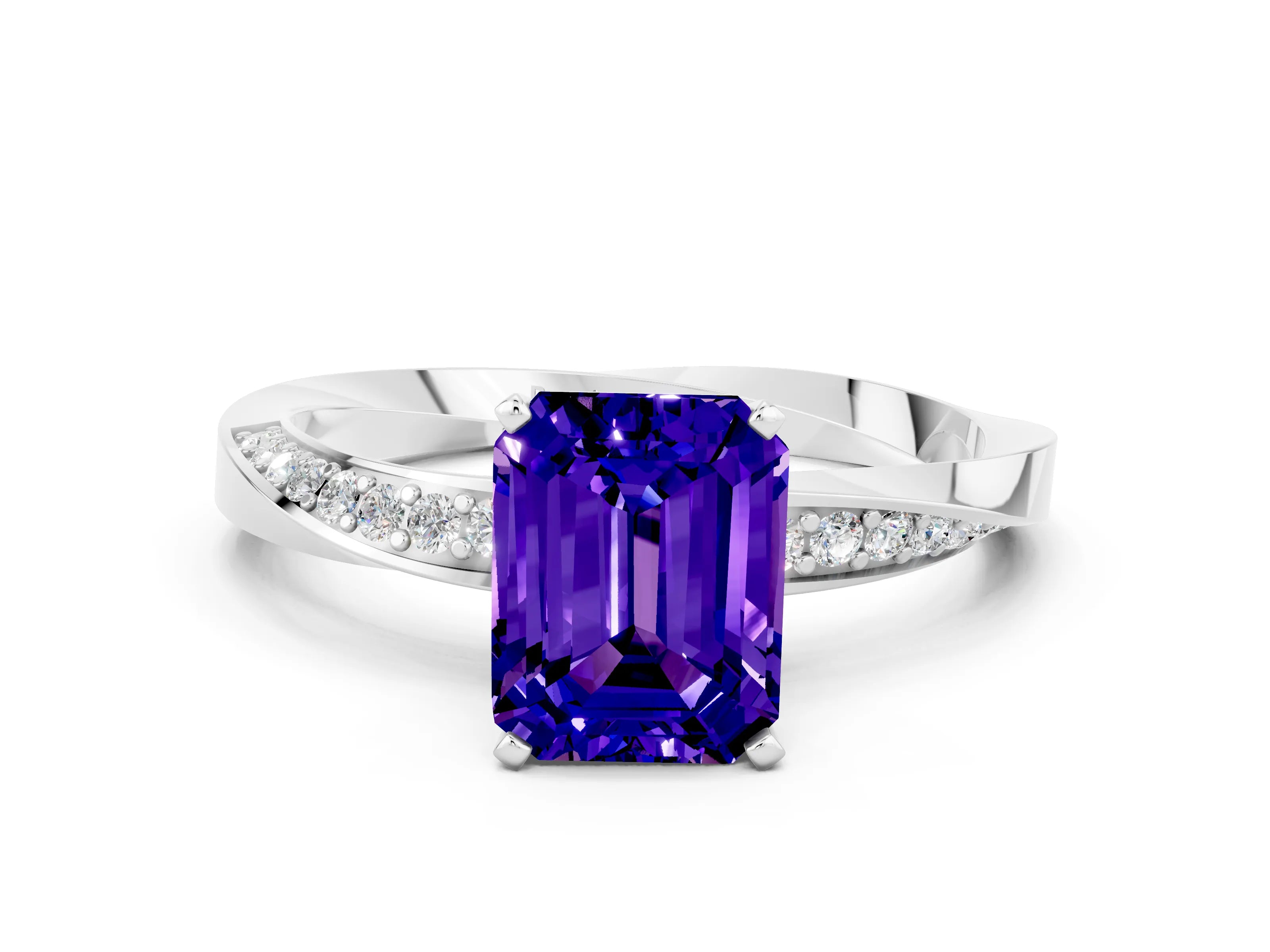 White gold Emerald Cut Tanzanite Engagement Ring with Side Stone Accents and Four-Prong Setting_27