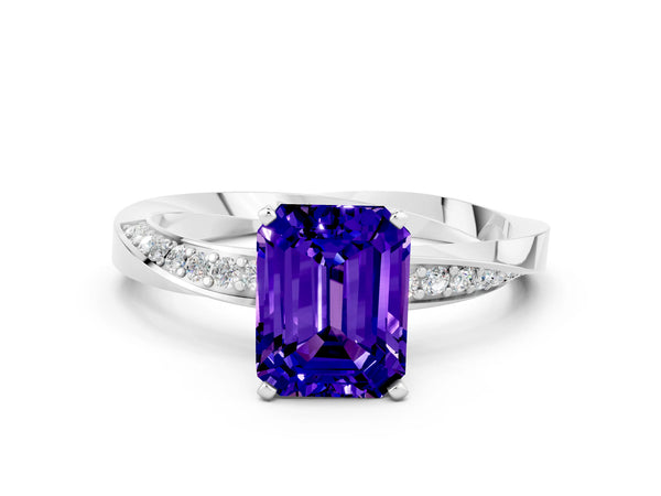 White gold Emerald Cut Tanzanite Engagement Ring with Side Stone Accents and Four-Prong Setting