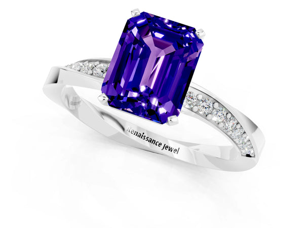 White gold Emerald Cut Tanzanite Engagement Ring with Side Stone Accents and Four-Prong Setting