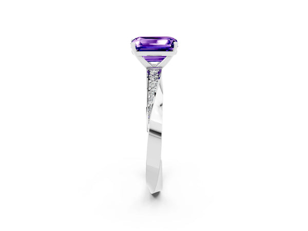 White gold Emerald Cut Tanzanite Engagement Ring with Side Stone Accents and Four-Prong Setting
