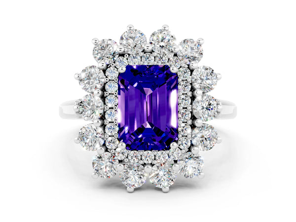 Silver Emerald Cut Tanzanite Floral Double Halo Engagement Ring with Prong Setting
