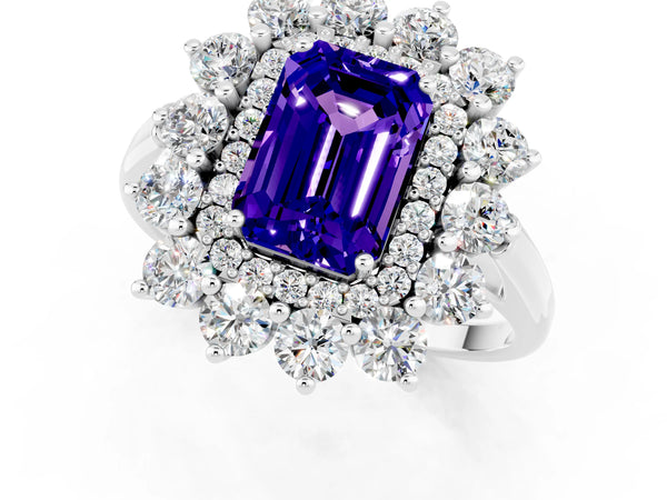 Platinum Emerald Cut Tanzanite Floral Double Halo Engagement Ring with Prong Setting