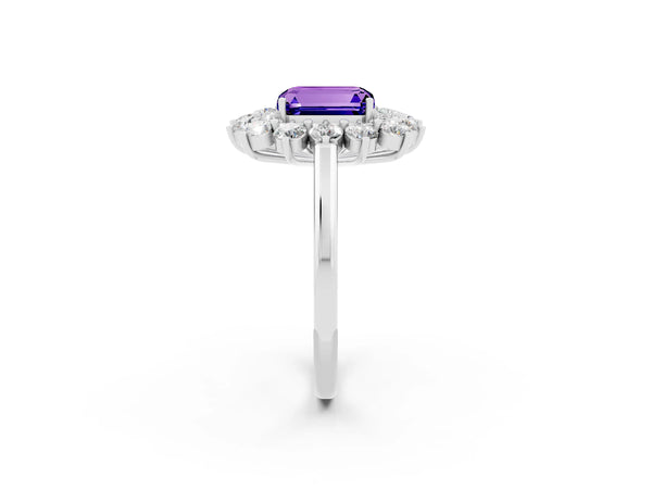 Platinum Emerald Cut Tanzanite Floral Double Halo Engagement Ring with Prong Setting