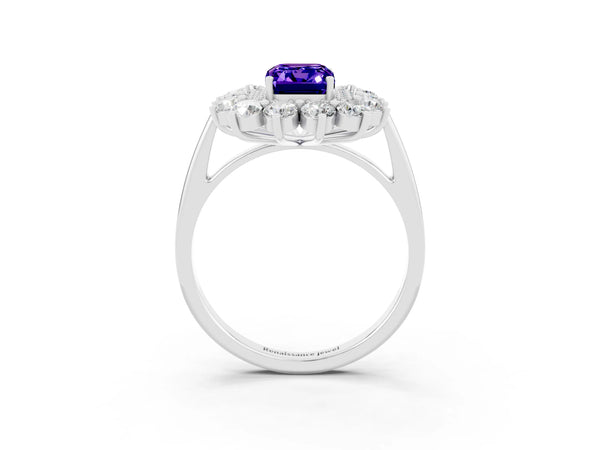 White gold Emerald Cut Tanzanite Floral Double Halo Engagement Ring with Prong Setting