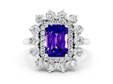 White gold Emerald Cut Tanzanite Floral Double Halo Engagement Ring with Prong Setting_36