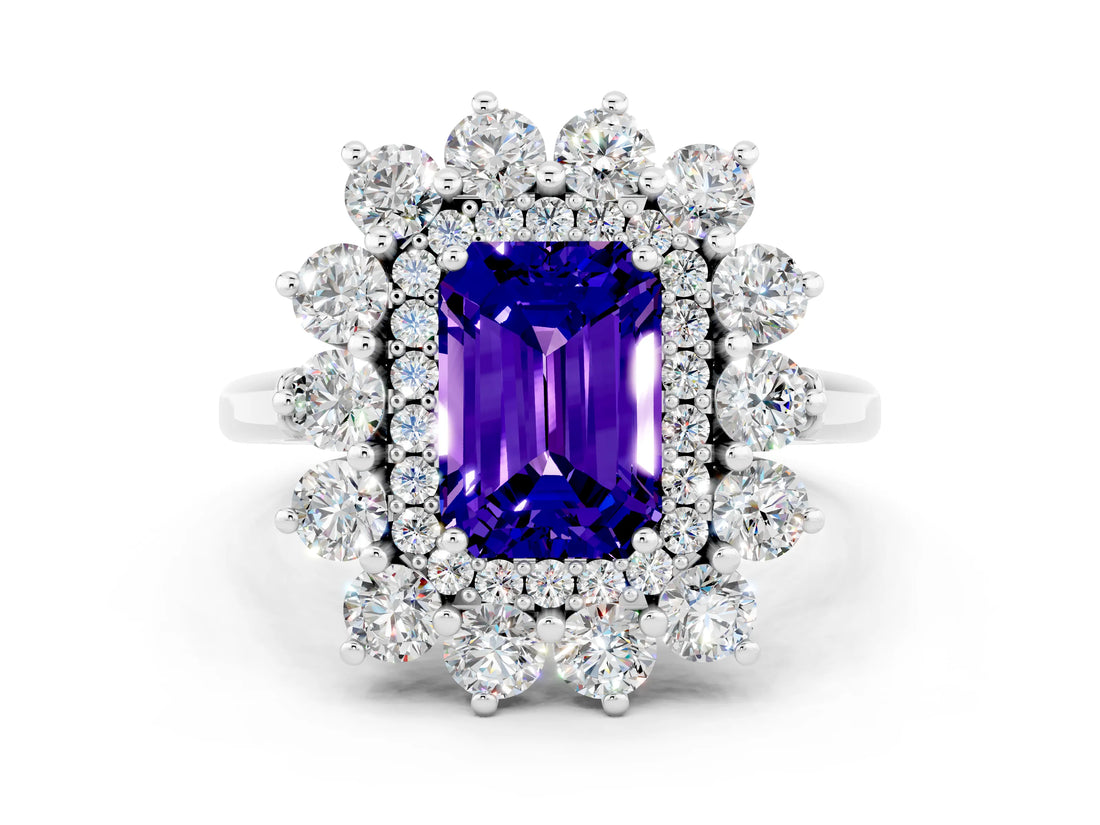White gold Emerald Cut Tanzanite Floral Double Halo Engagement Ring with Prong Setting_96