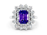 White gold Emerald Cut Tanzanite Floral Double Halo Engagement Ring with Prong Setting_96
