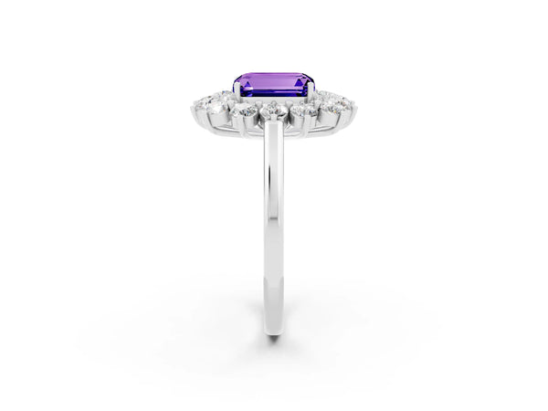 White gold Emerald Cut Tanzanite Floral Double Halo Engagement Ring with Prong Setting
