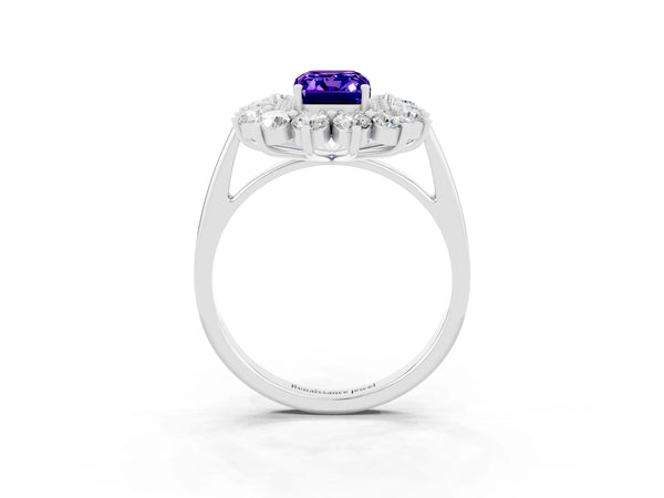 White gold Emerald Cut Tanzanite Floral Double Halo Engagement Ring with Prong Setting