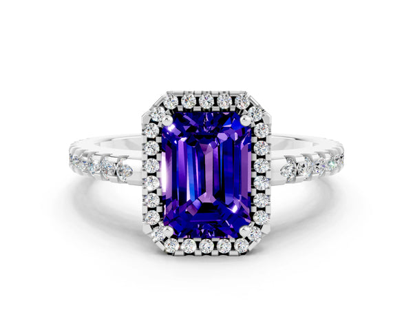 Platinum Emerald Cut Tanzanite Halo Engagement Ring with Pavé Band and Prong Setting