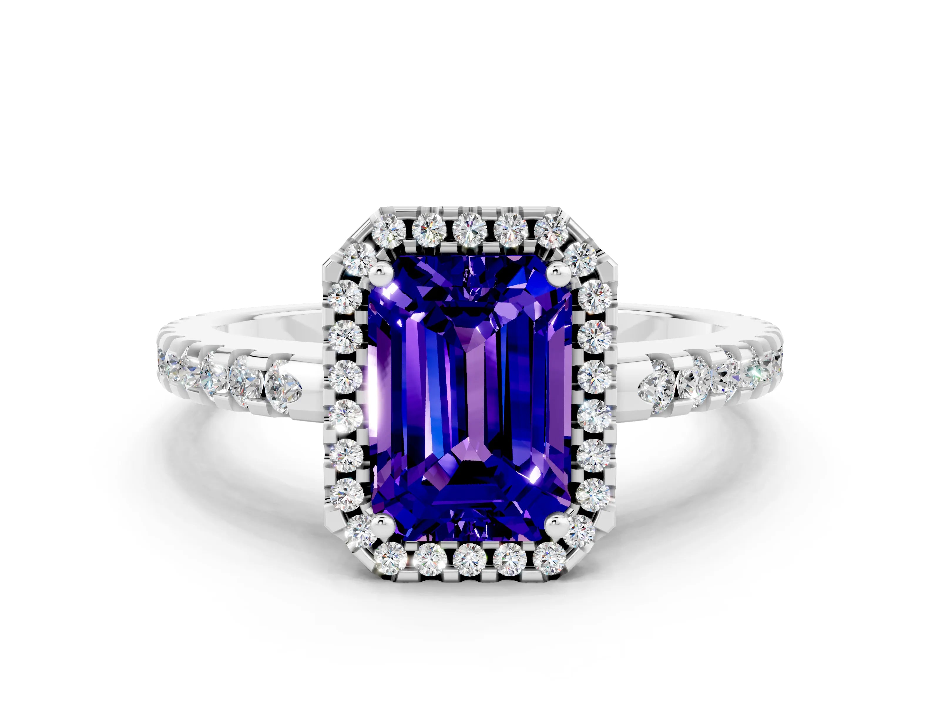 White gold Emerald Cut Tanzanite Halo Engagement Ring with Pavé Band and Prong Setting_12