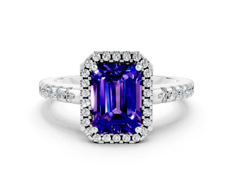 White gold Emerald Cut Tanzanite Halo Engagement Ring with Pavé Band and Prong Setting_12