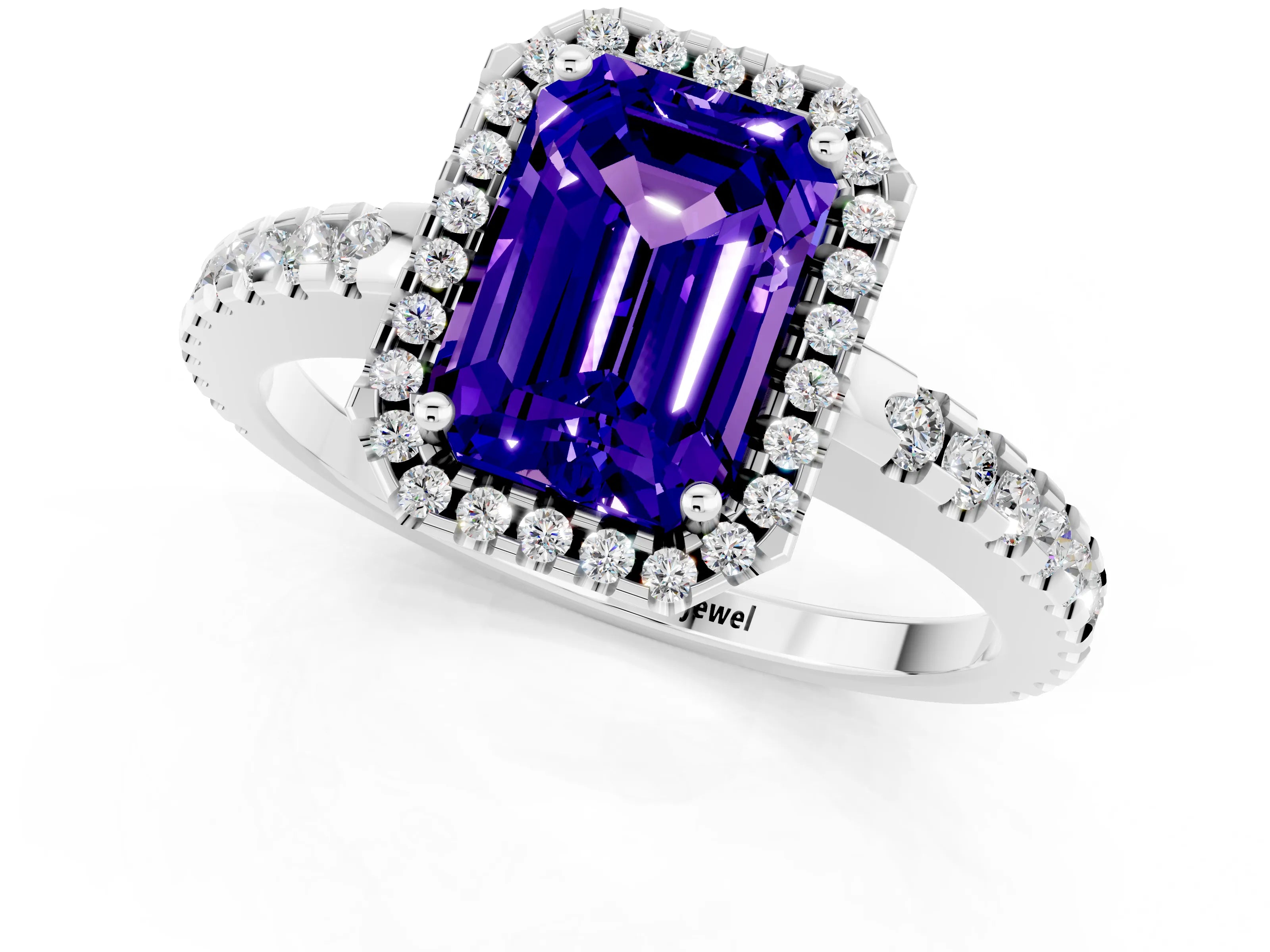 White gold Emerald Cut Tanzanite Halo Engagement Ring with Pavé Band and Prong Setting_13