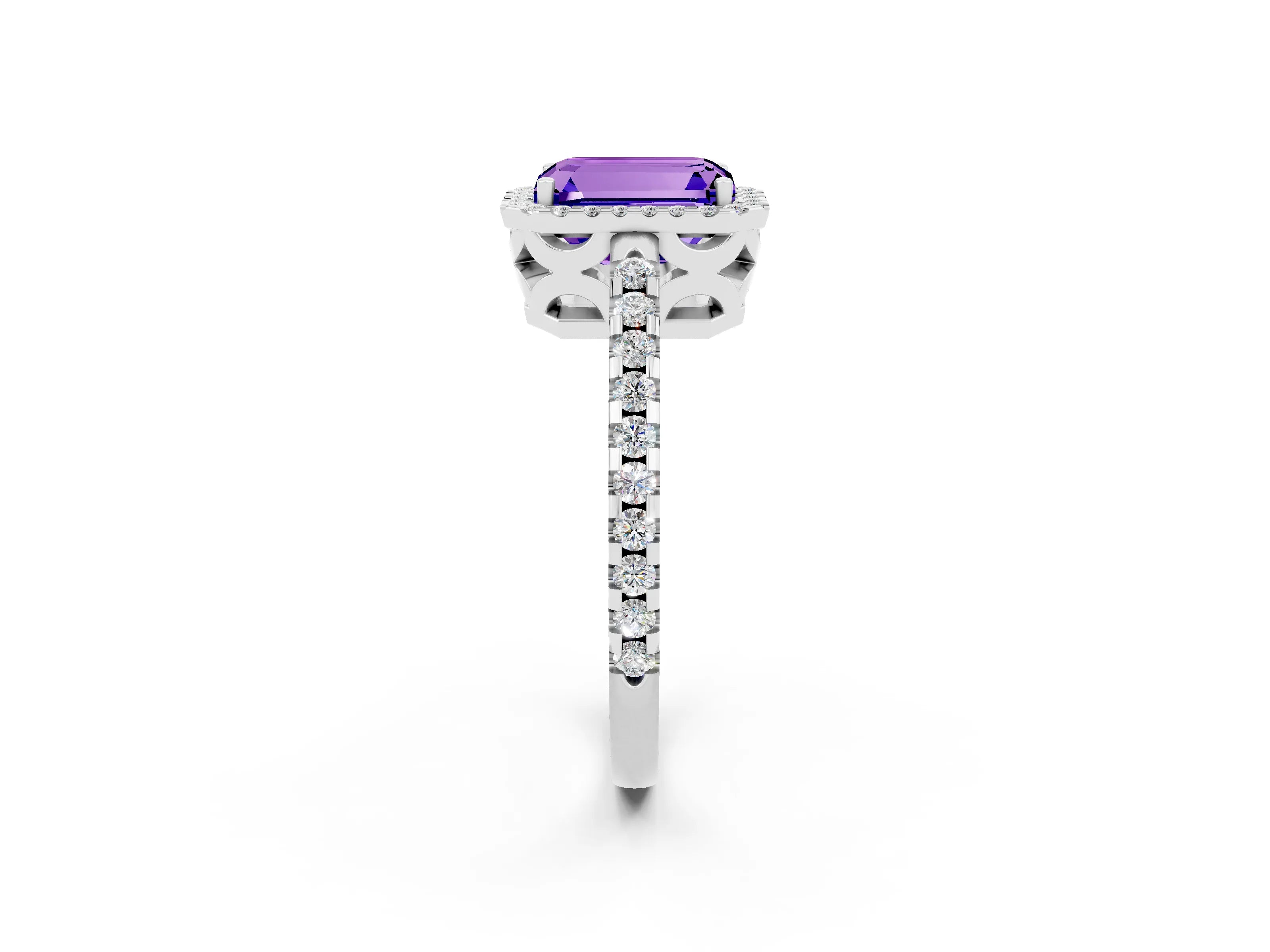 White gold Emerald Cut Tanzanite Halo Engagement Ring with Pavé Band and Prong Setting_14