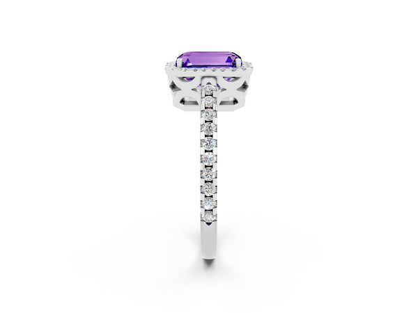 Silver Emerald Cut Tanzanite Halo Engagement Ring with Pavé Band and Prong Setting
