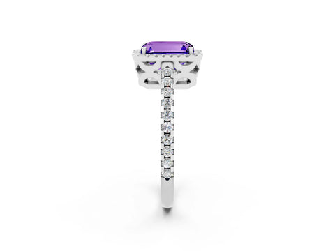 White gold Emerald Cut Tanzanite Halo Engagement Ring with Pavé Band and Prong Setting_14