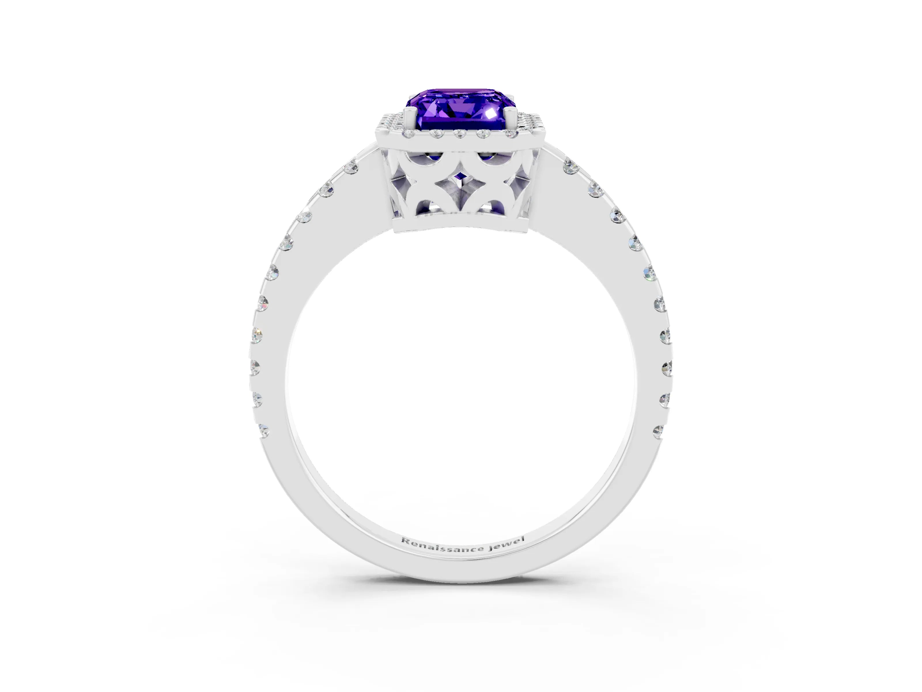 White gold Emerald Cut Tanzanite Halo Engagement Ring with Pavé Band and Prong Setting_15