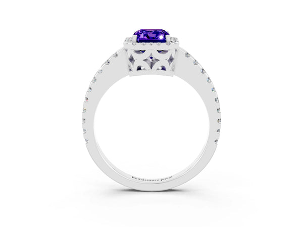 White gold Emerald Cut Tanzanite Halo Engagement Ring with Pavé Band and Prong Setting