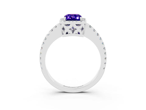 White gold Emerald Cut Tanzanite Halo Engagement Ring with Pavé Band and Prong Setting_15