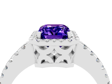 White gold Emerald Cut Tanzanite Halo Engagement Ring with Pavé Band and Prong Setting_16