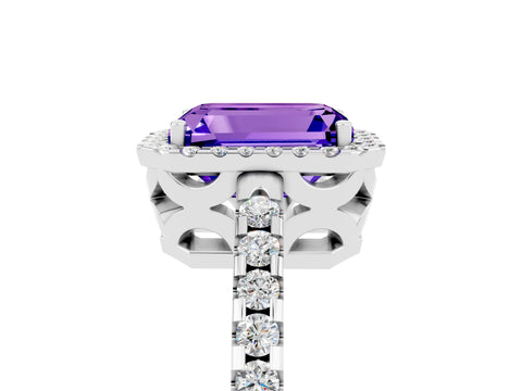 White gold Emerald Cut Tanzanite Halo Engagement Ring with Pavé Band and Prong Setting_17