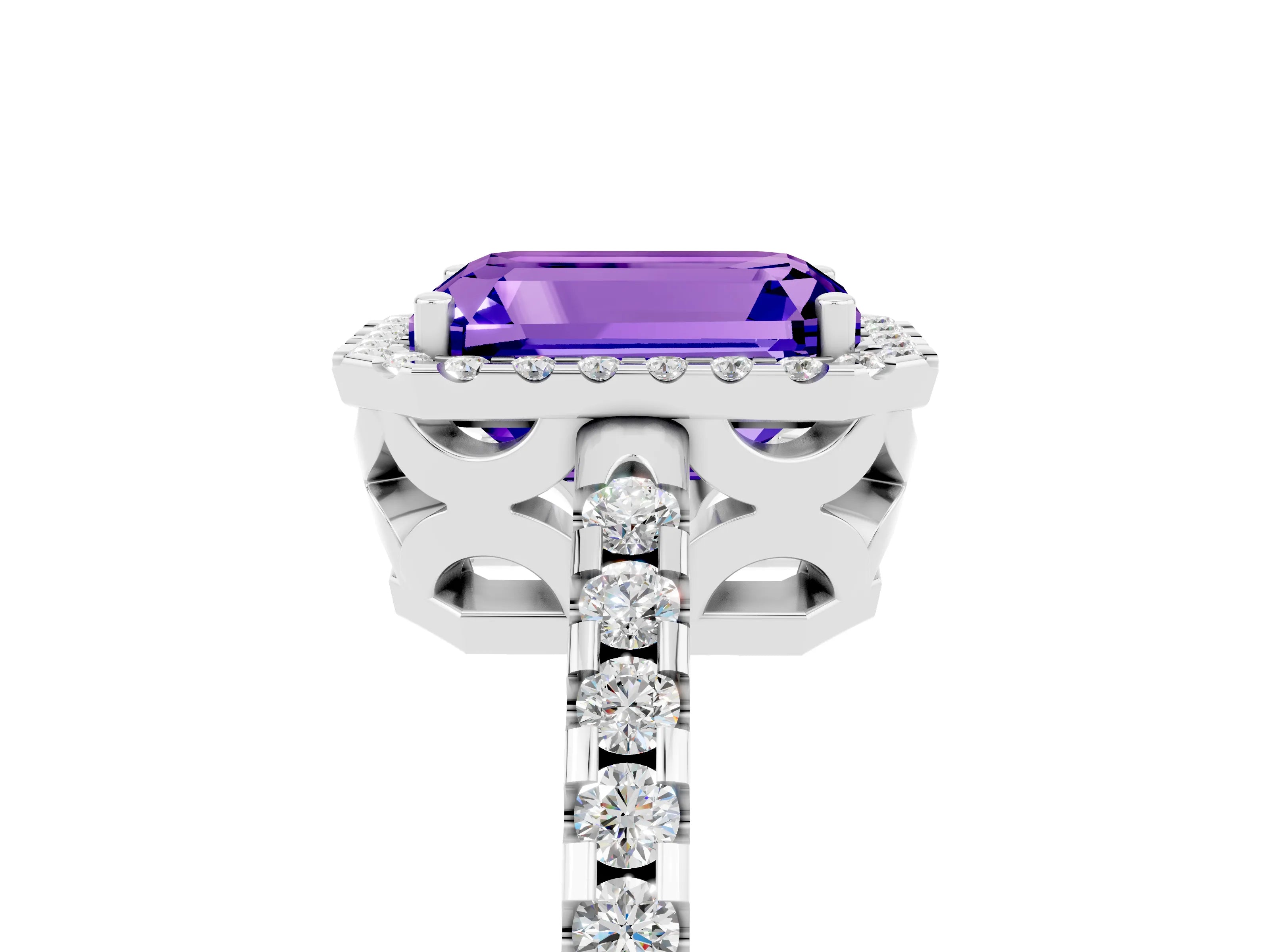 White gold Emerald Cut Tanzanite Halo Engagement Ring with Pavé Band and Prong Setting_17