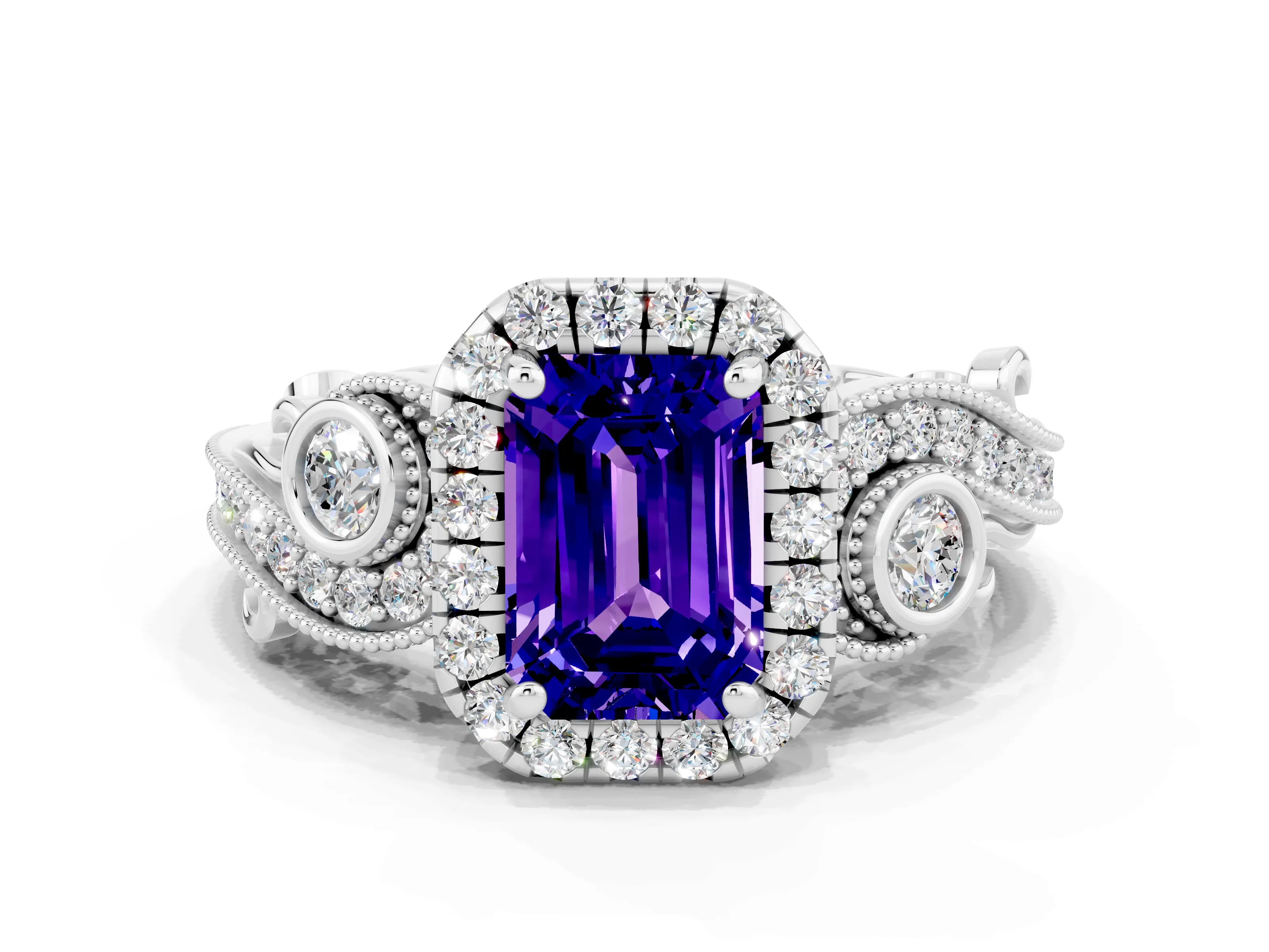 White gold Emerald Cut Tanzanite Halo Ring with Milgrain Pavé Band and Four-Prong Setting_12