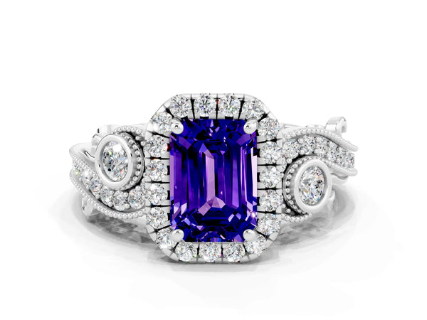 Platinum Emerald Cut Tanzanite Halo Ring with Milgrain Pavé Band and Four-Prong Setting