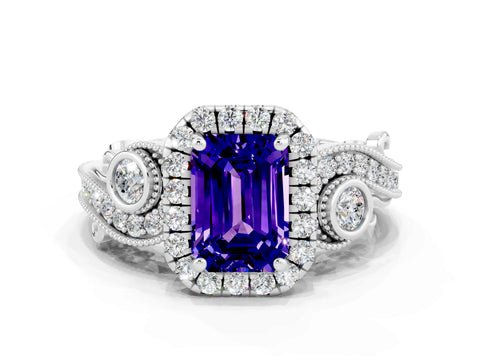 White gold Emerald Cut Tanzanite Halo Ring with Milgrain Pavé Band and Four-Prong Setting_12