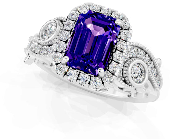 Silver Emerald Cut Tanzanite Halo Ring with Milgrain Pavé Band and Four-Prong Setting