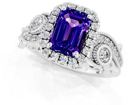 White gold Emerald Cut Tanzanite Halo Ring with Milgrain Pavé Band and Four-Prong Setting_13