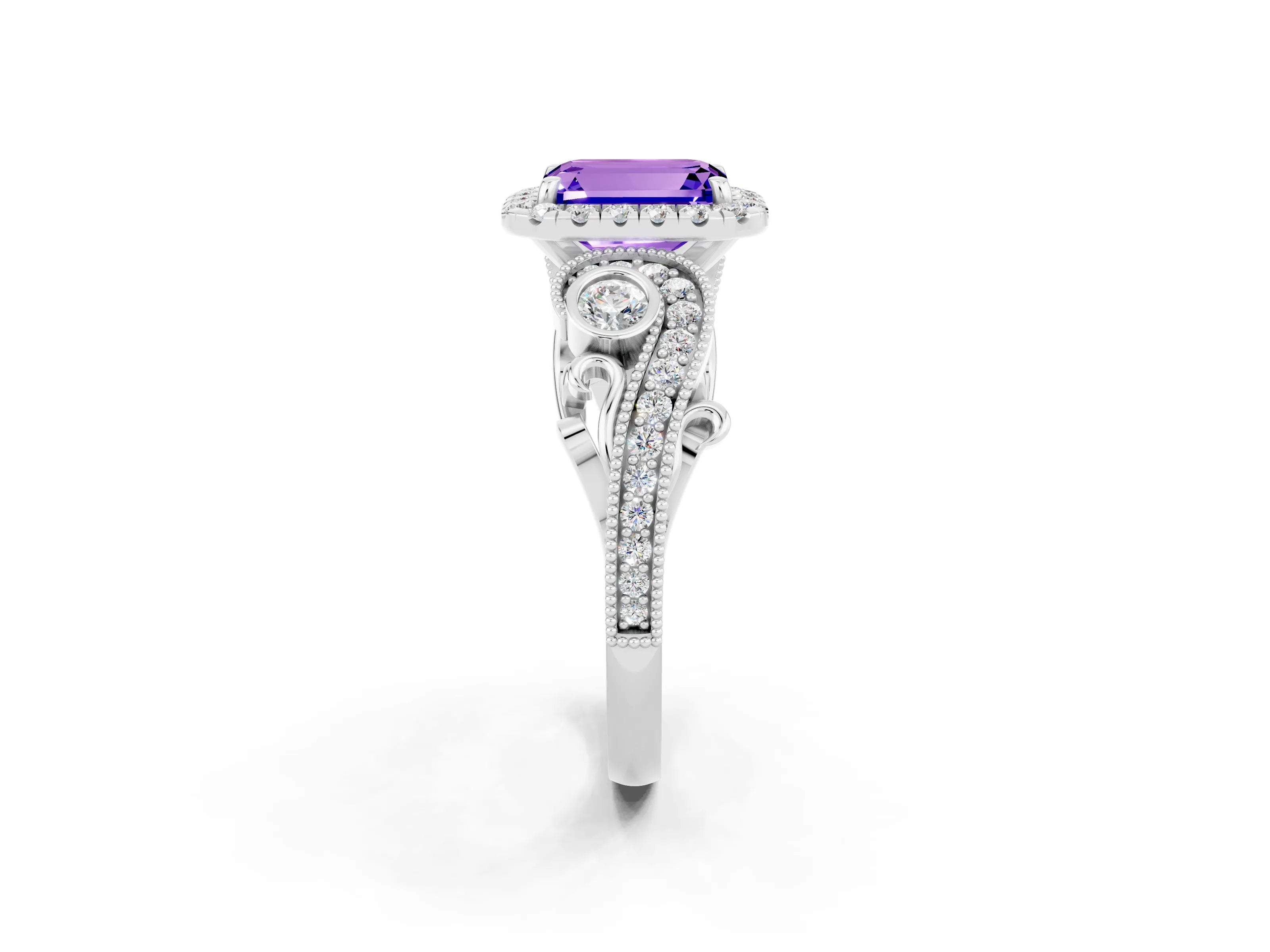 White gold Emerald Cut Tanzanite Halo Ring with Milgrain Pavé Band and Four-Prong Setting_14