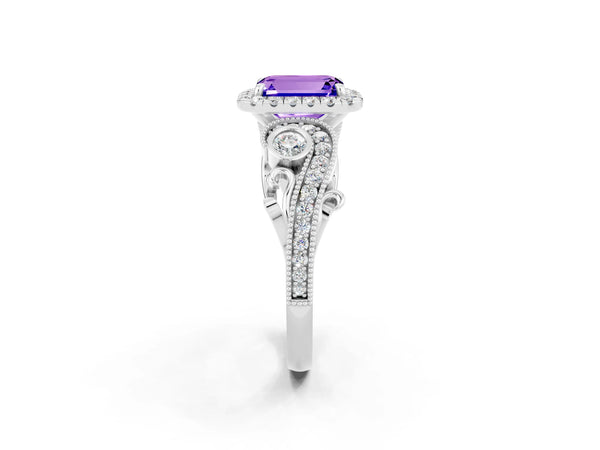 White gold Emerald Cut Tanzanite Halo Ring with Milgrain Pavé Band and Four-Prong Setting