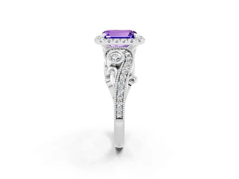White gold Emerald Cut Tanzanite Halo Ring with Milgrain Pavé Band and Four-Prong Setting_14